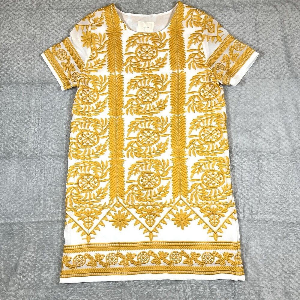 All:Row Dress‎ Womens Large Yellow Embroidered Short Sleeve Mini